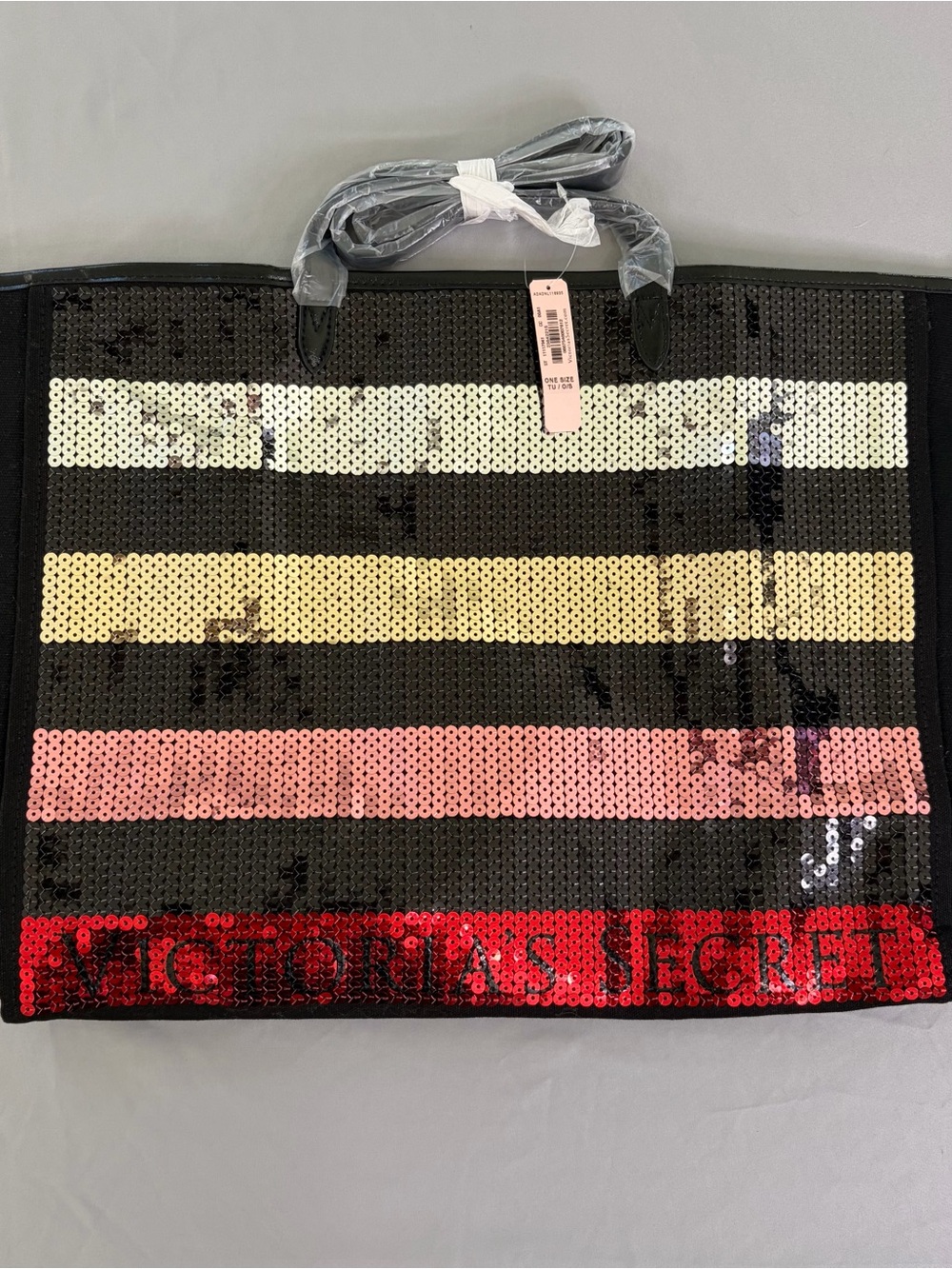 Victoria's Secret Black Sequin Stripe Tote with White, Cream, Pink & Red Accents